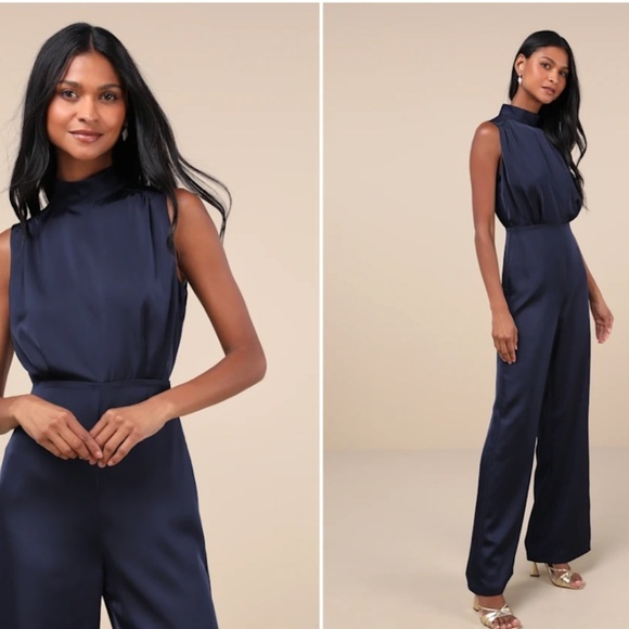 LULU's Sexy Elegant Chic Minimalistic Wedding Navy Satin Wide Leg Jumpsuit